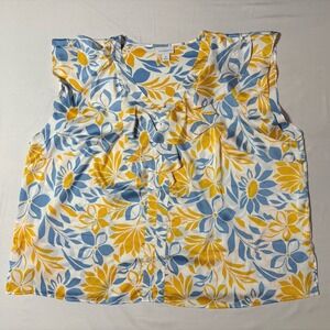 Liz Claiborne Sleeveless Ruffled Front Popover Foral Blouse In Yellow & Blue 3X
